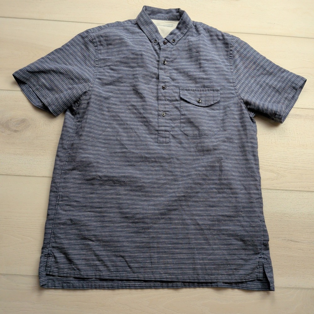 Outerknown Popover Shirt Mens Medium Hemp Blend Striped Blue Short Sleeve